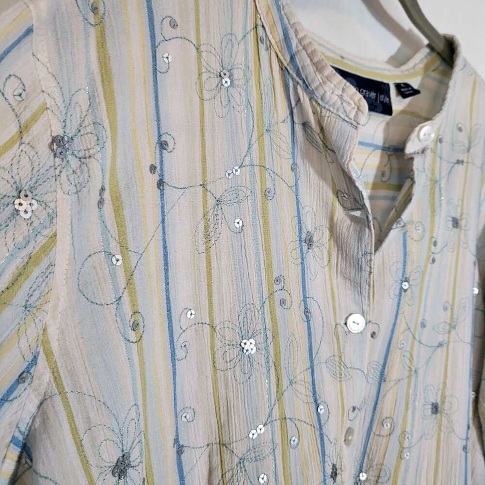 Susan Graver Style Women's Crinkled Cotton Front Button Top XL White/Yellow/Blue - Picture 3 of 10